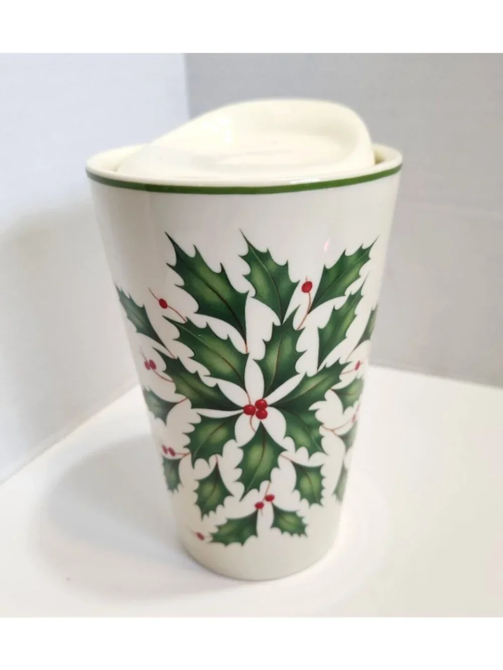 Lenox Holiday Holly Berry Ceramic Travel Mug With Lid Festive Christmas Design